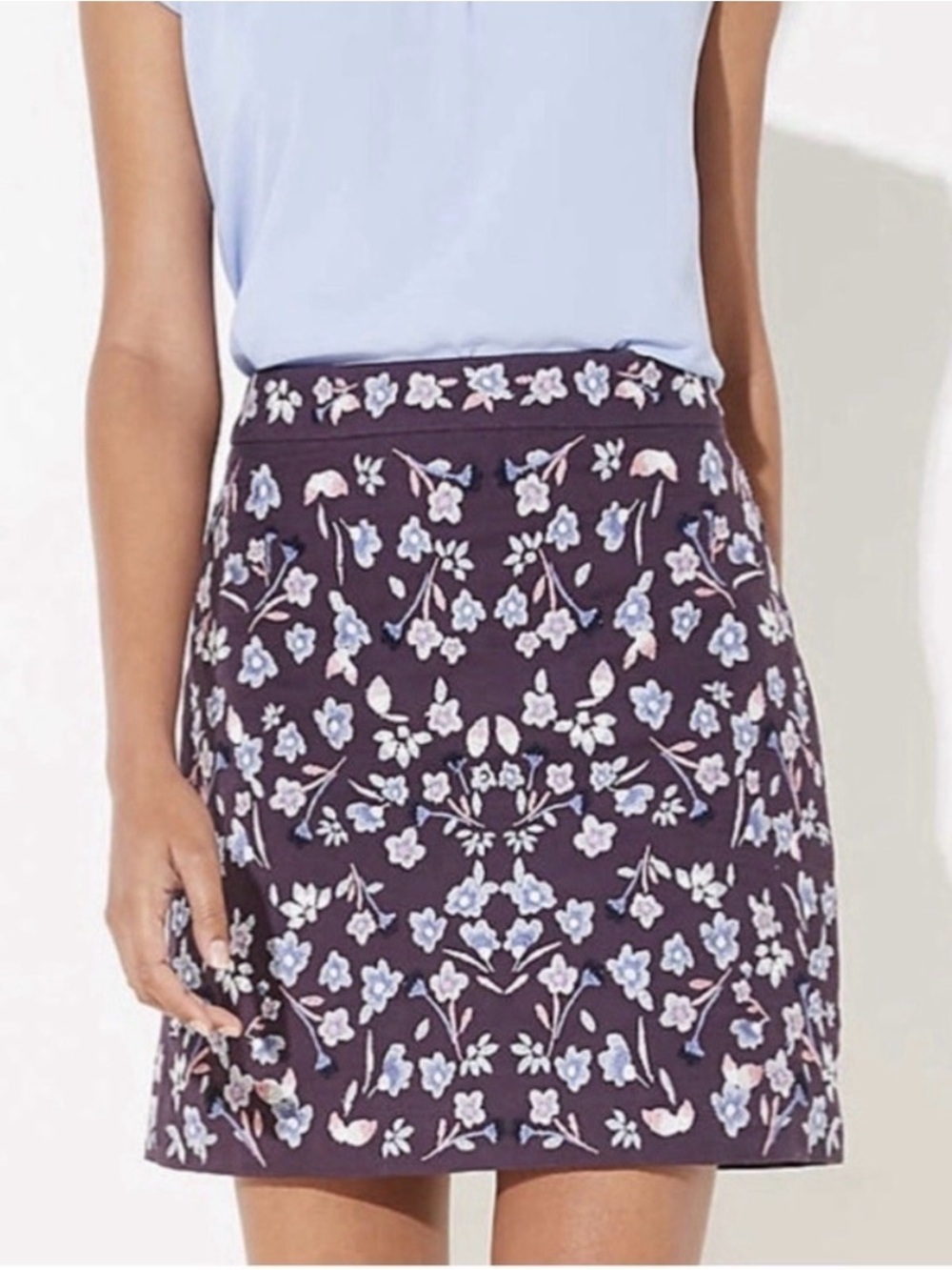 LOFT Purple Mini Skirt with Light Blue and White Floral Embroidery